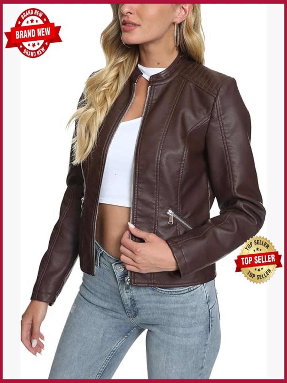 Faux Leather Moto Biker Jacket for Women Zip Front Slim Fit Coat